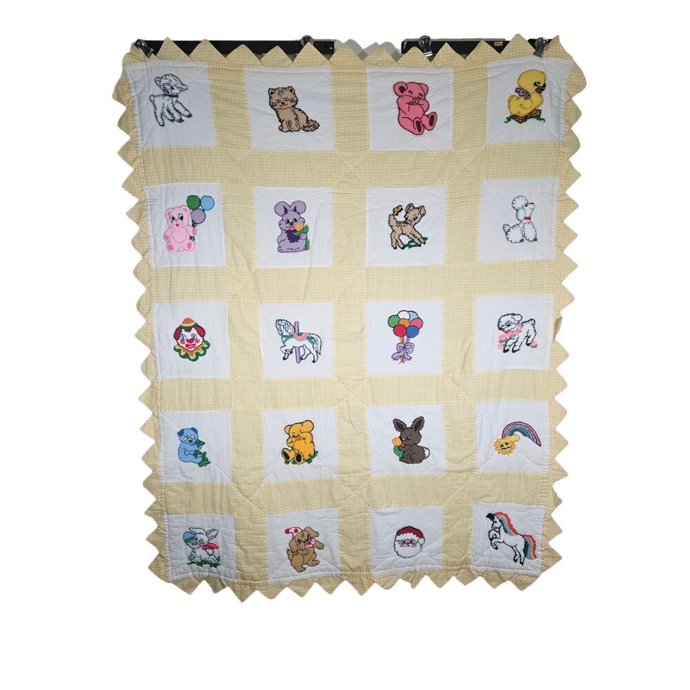 Vintage Handmade Baby Quilt 20 Embroidered Animal Blocks Circus Yellow 52x41